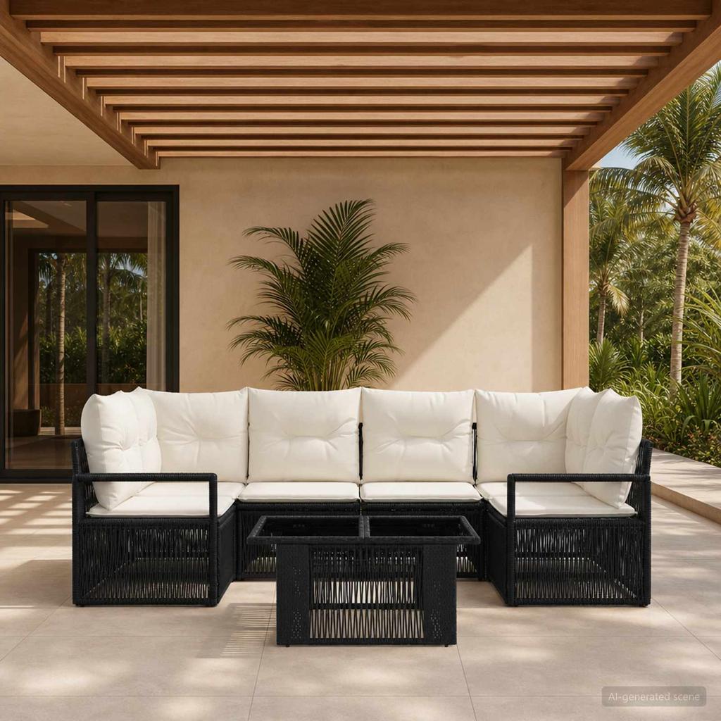 Garden Sofa Set 7 Pieces Black and Cream White Poly Rattan