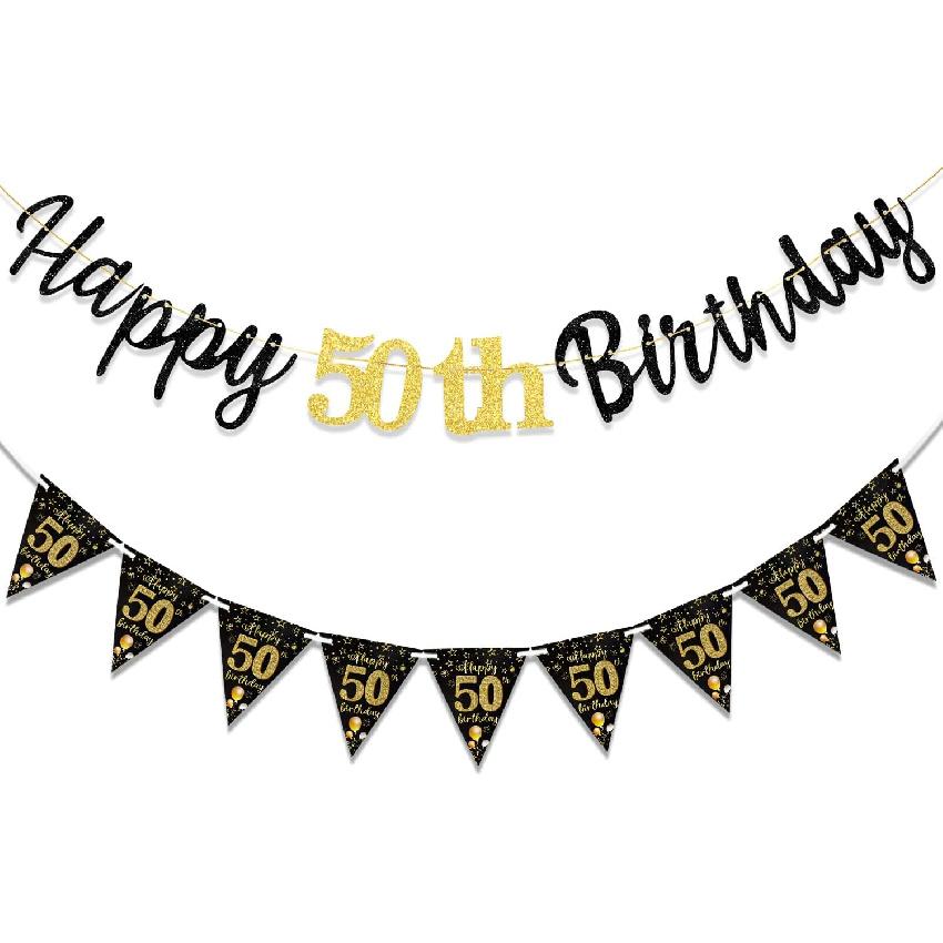 16th Birthday Decorations Banner Boys Girls, Black Gold Happy 16thBirthday Banners for Girls Boys (Birthday 16th)