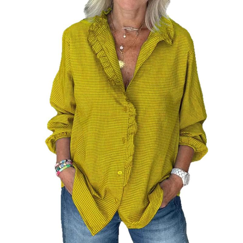 Neue Damen Knöpfe Lässig Langarm Patchwork Revers Tops Hemden