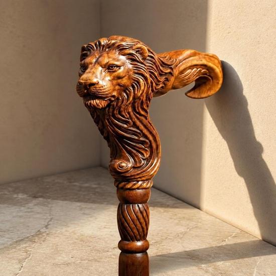 Hand Carved Lion Head Walking Stick Handmade Wooden Gentleman Cane Luxury Collectible Mobility Aid Grandpa Gift Travel