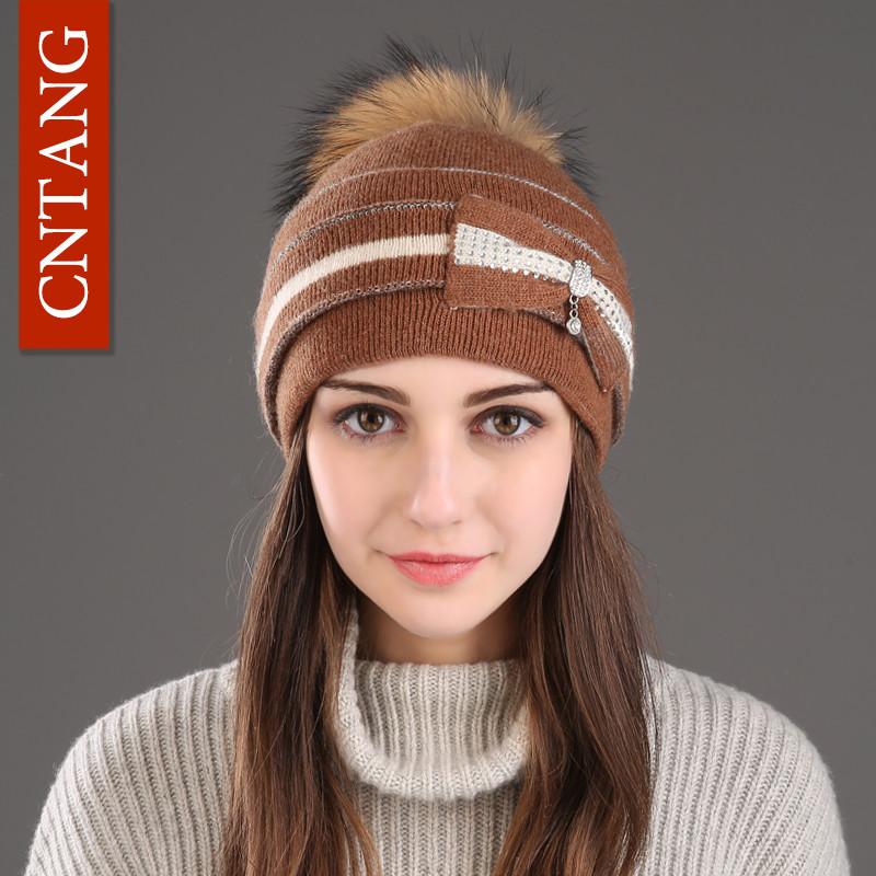 Classic Multiple Styles Women Beanie Winter Warm Fashion Raccoon Fur Pompom Hats Knitted Wool Cap Clearance Cheap High Quality