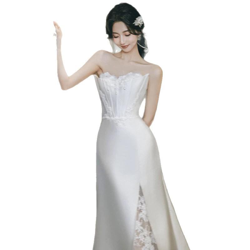 Lace Tube Top Light Wedding Dress 1011 New White Satin Wedding Bride Temperament Fishtail Host Dress Skirt