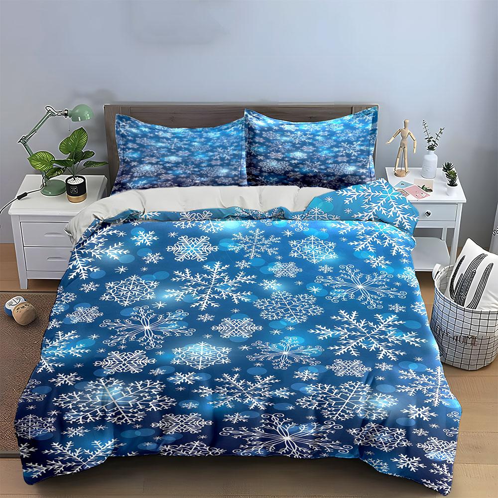 White snowflakes on blue. Bedding sets Duvet cover sets Duvet covers Pillowcases(1 * Duvet Cover 2 * Pillowcases without duvet insert)