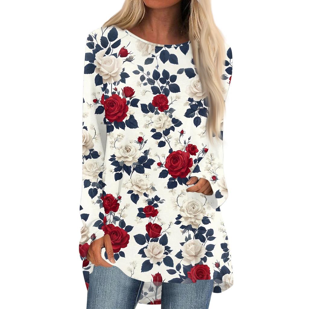 Women's Fashion Casual Long Sleeve Print Round Neck Pullover Top Blouse