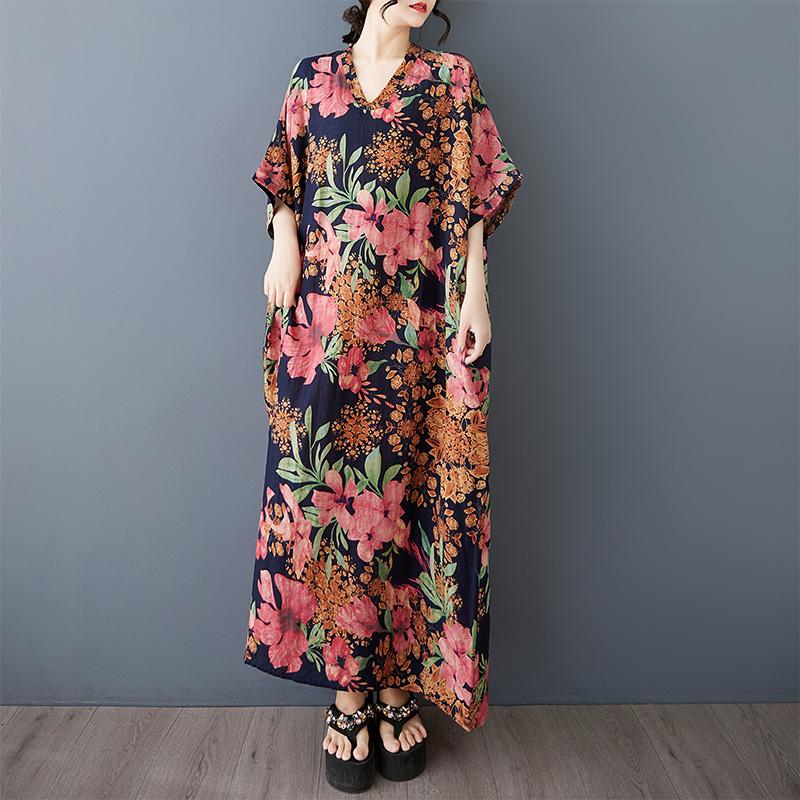 

Dimanaf 2025 Летнее платье больших размеров Женское повседневное платье Свободное базовое цветочное длинное макси винтажное льняное платье One Size красный