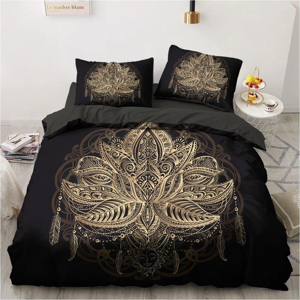 3D Black Bedding Collection Pillowcase King Queen Full Single 200X200 With Bed Linen Gold Design 3D Printed Duvet Cover Collection For Teens Women