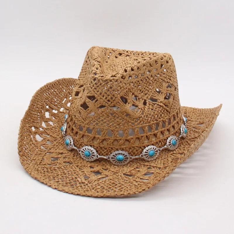 1Pc Summer Bohemian Shell Straw Hat Beach Women Men Cowboy Hats Wooden Beads Hollow Out Western Wide Brim Sun Hat Holiday Cap