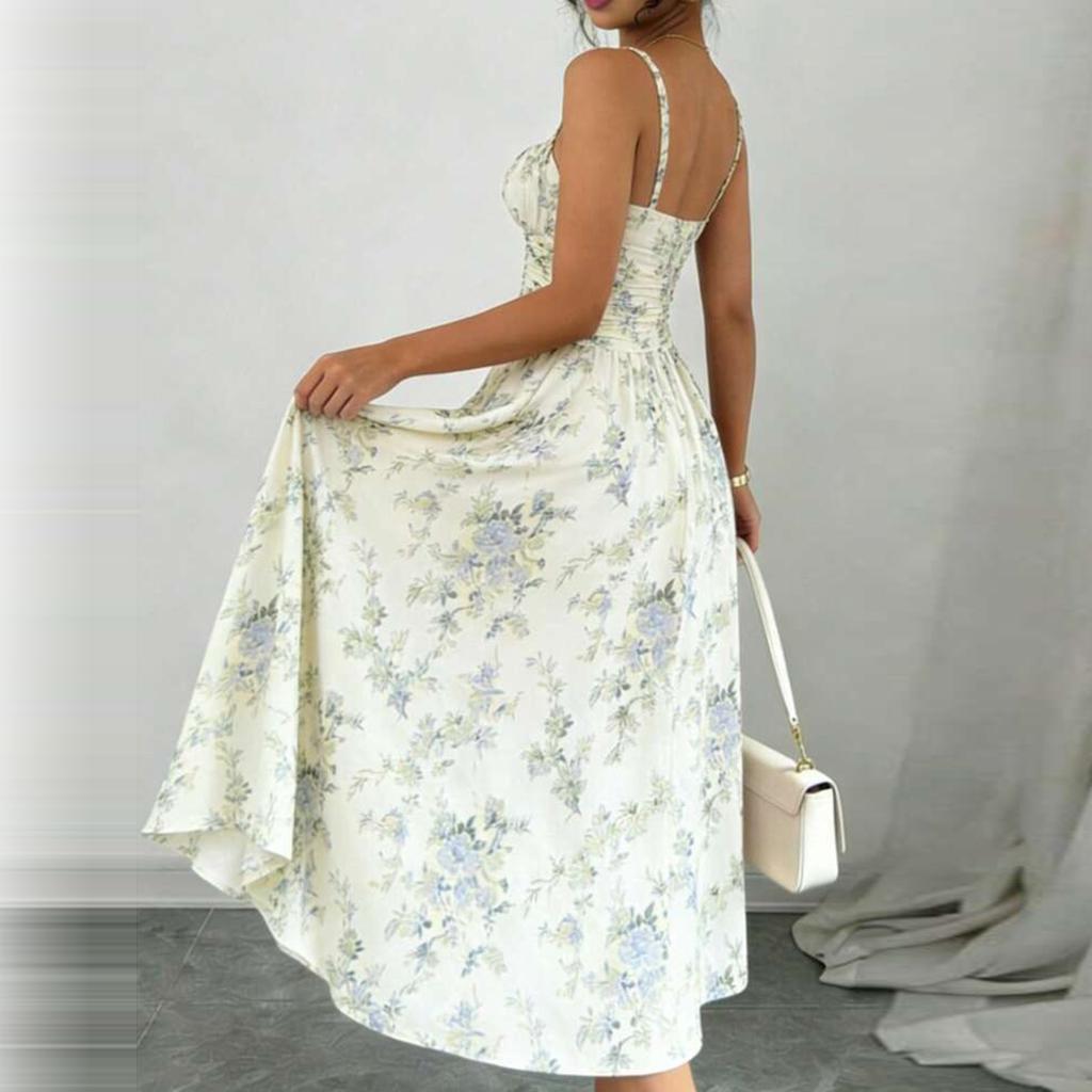 Women Floral Print Bohemian High Slit Spaghetti Strap Maxi Dress for Beach Holiday Casual Summer Outfits Sundress