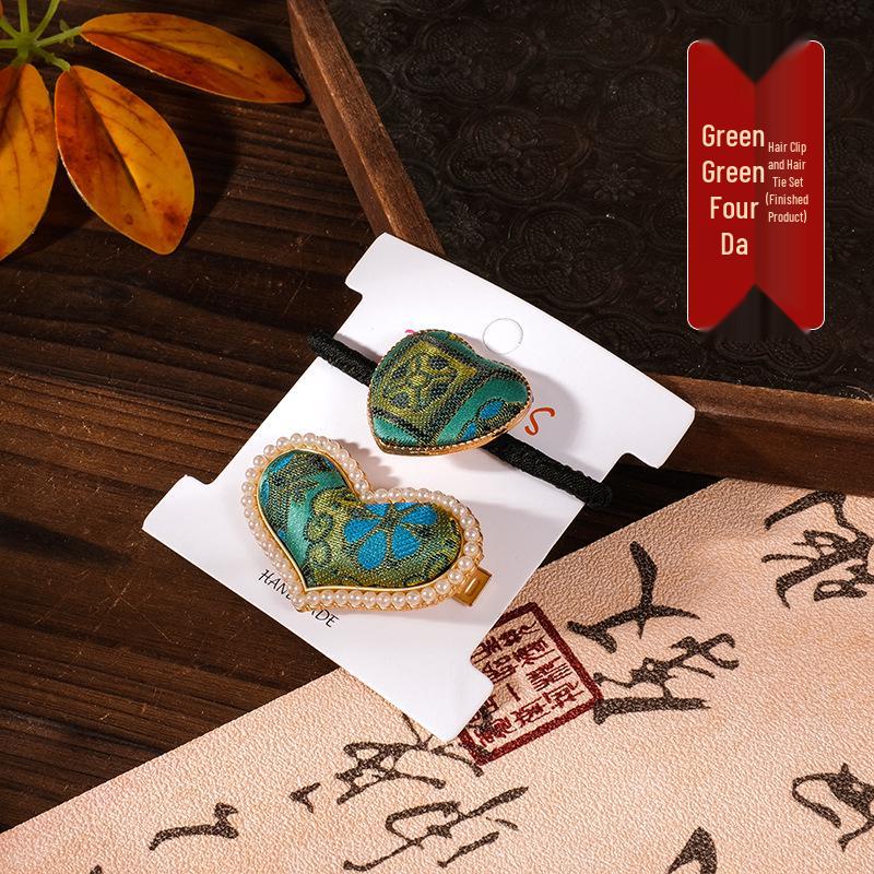 Chinese Song Brocade Hair Clip and Tie Set - Intangible Cultural Heritage Gift for Mother's Day or Salons