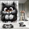 Cute Black And White Cat Shower Curtain Fluffy Kitten Art Cartoon Design Pet Lover Decor Waterproof Fabric Bath Curtain Set Home