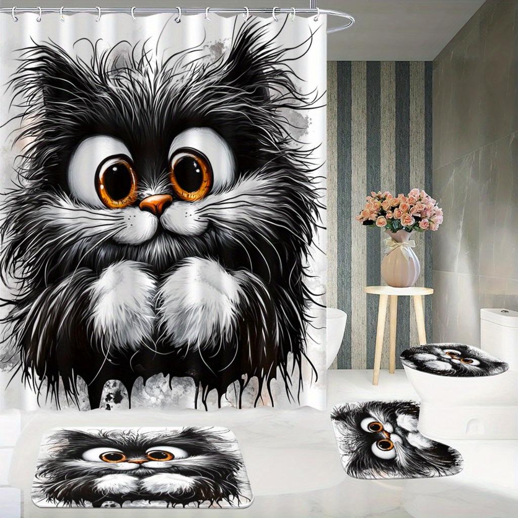 Cute Black And White Cat Shower Curtain Fluffy Kitten Art Cartoon Design Pet Lover Decor Waterproof Fabric Bath Curtain Set Home