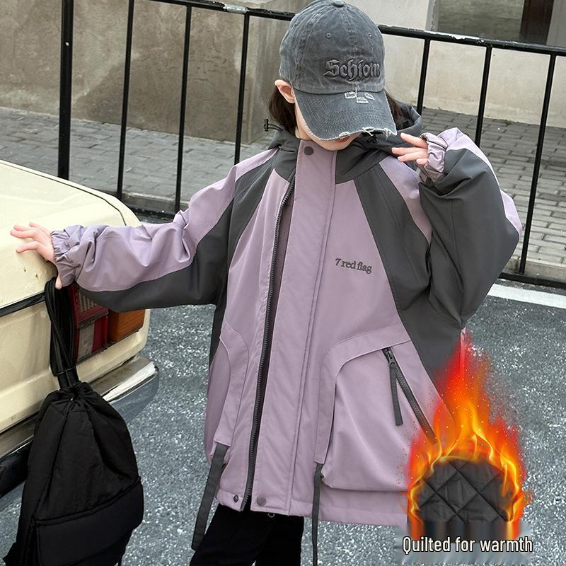 

Девичья флисовая куртка-ветровка 3-в-1 с отстегивающейся подкладкой, стиль осень/зима 2024, детское уличное утепленное пальто. 160 cm