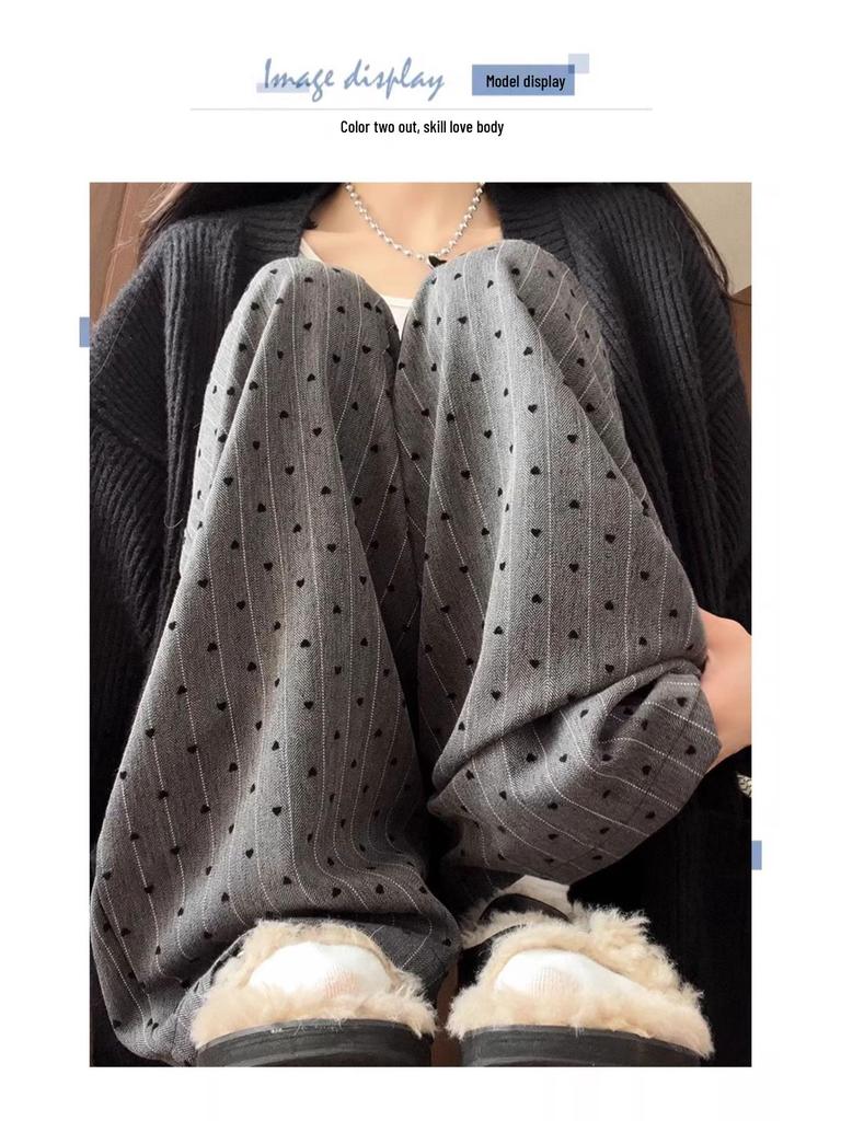 BF Lazy Style Gray High-Waist Wide-Leg Heart Pants for Women Summer 2025 - Casual Sports Floor-Length Straight-Leg Design