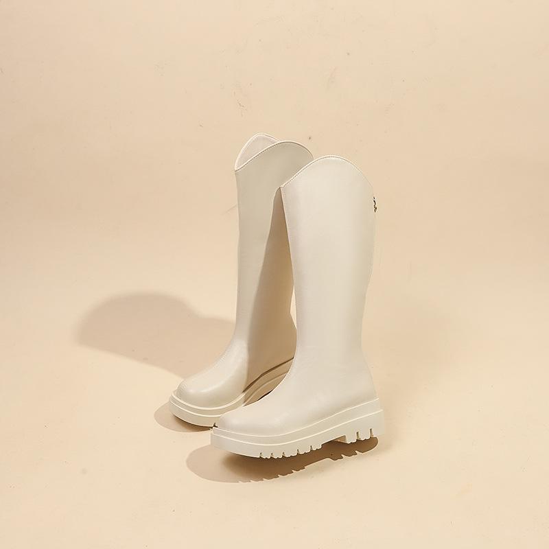 Damen-Ritterstiefel mit dicker Sohle 2024 Herbst und Winter neue lange Stiefel im britischen Stil V-Ausschnitt hohe Stiefel bis zum Knie vielseitig