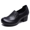 Johnature Genuine Leather Solid Color Thick Heeled Pumps Retro Versatile Round Toe Women's Shoes