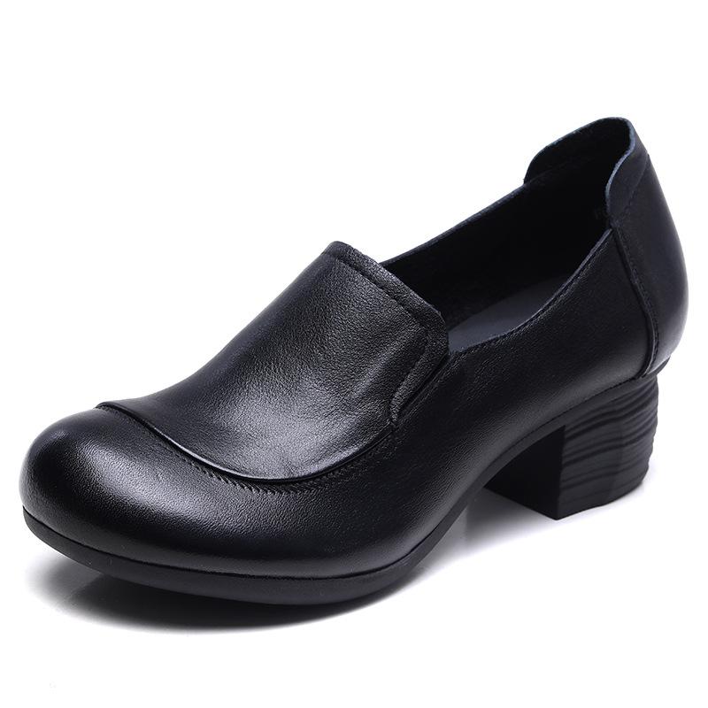 Johnature Genuine Leather Solid Color Thick Heeled Pumps Retro Versatile Round Toe Women's Shoes