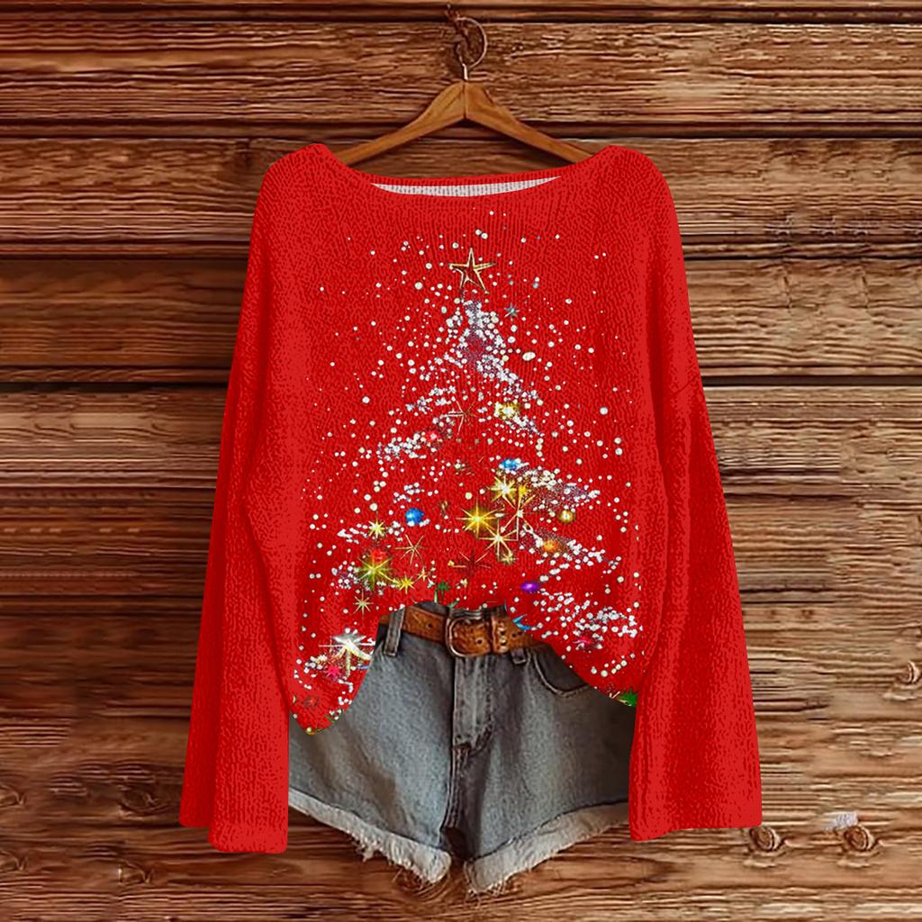 Women's Casual Fashion Round Neck Top Christmas Print Long Sleeve Knit Pullover