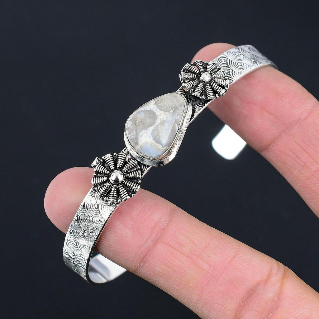 Birthday Gift For Her Natural Fossil Coral Gemstone Bangle Adjustable 925 Silver