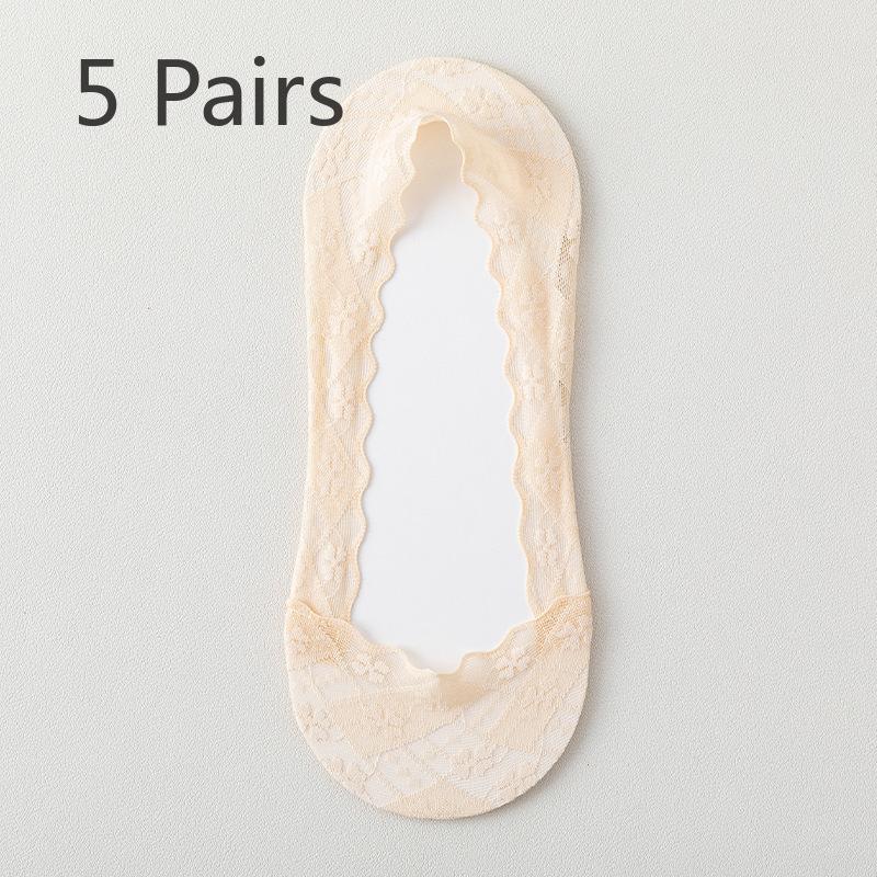 5 Pairs of Women's Spring Summer Thin Non Slip Shallow Mouth Invisible Lace Pure Cotton Sole Wicking Socks