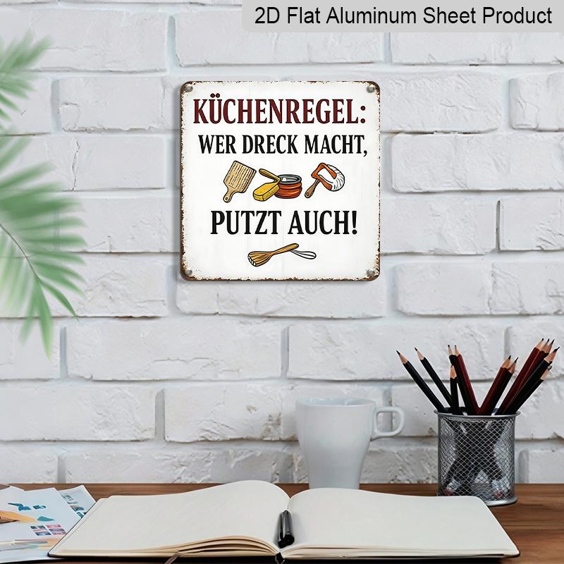 2D Flat, 1pc German Kitchen Rules Metal Sign - Vintage German Text & English Translation Wall Plaque with Utensil Icons, Chef Gift for Home