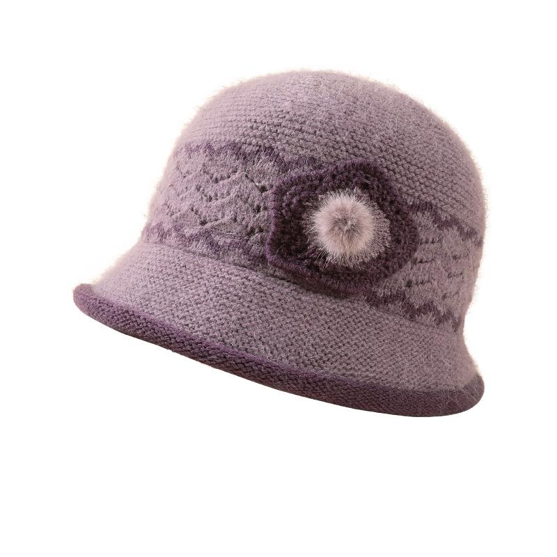 Wool Basin Hat Women's Autumn and Winter Rabbit Hair Blended Velvet Elegant Flower Mother Hat Elderly Warm Knitted Hat