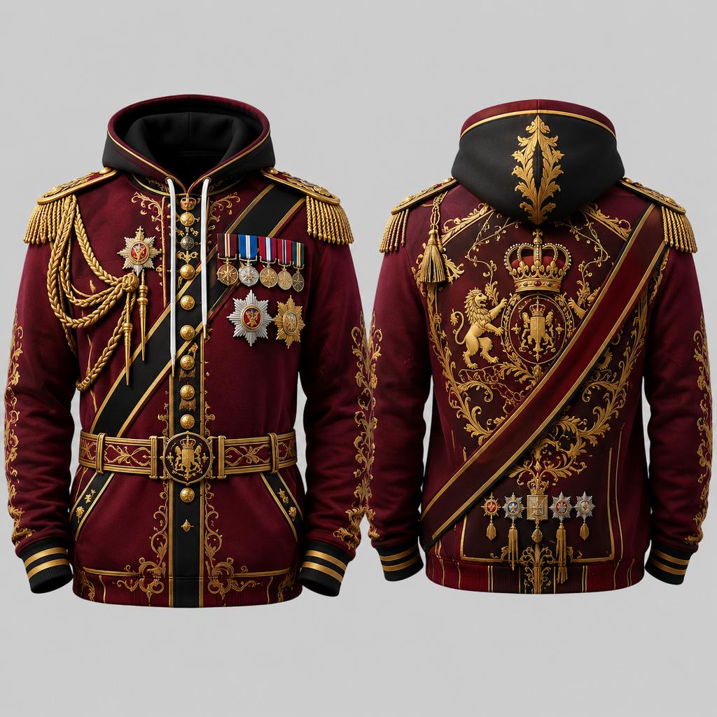 Mens Ceremonial Military Uniform 3D Print Zip Hoodie Polyester Long Sleeve Jacket Cosplay Streetwear Costume Clothing