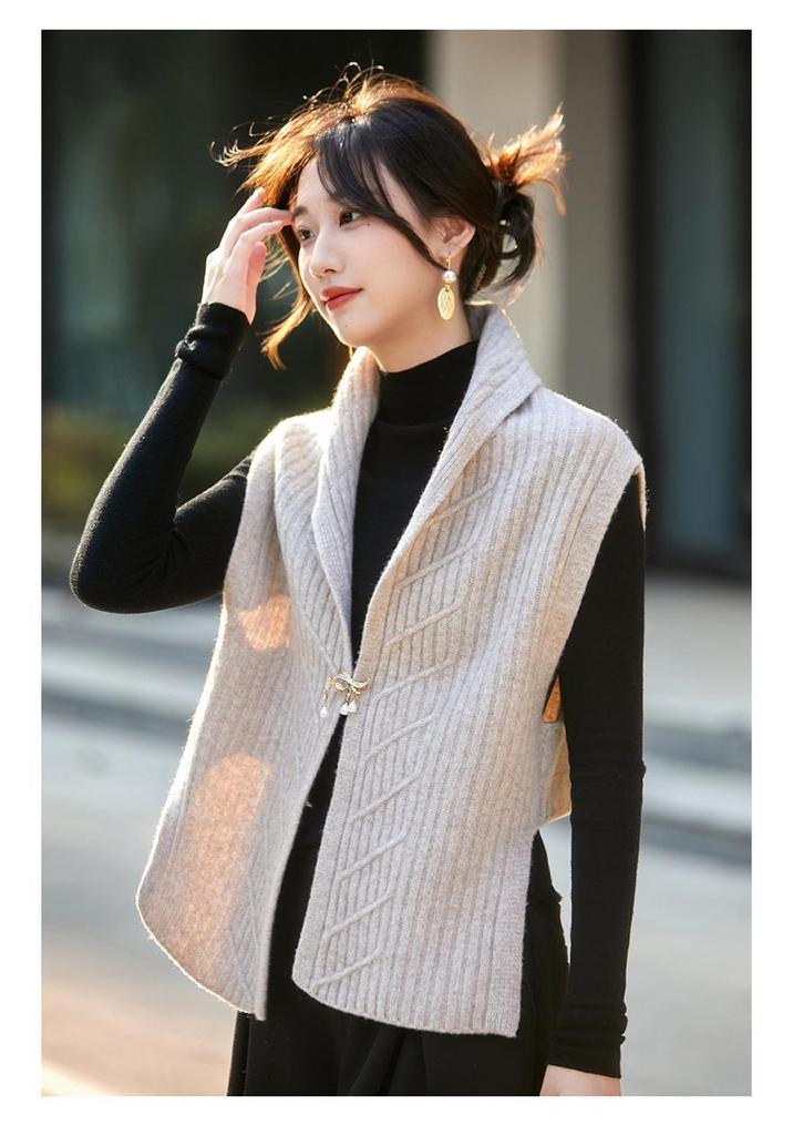 Women's Thickened Wool Knit V-neck Cardigan Vest - Pure Wool, Loose Outerwear Sweater for Autumn/Winter