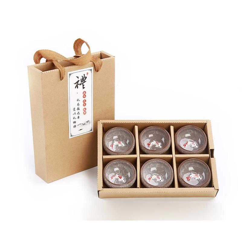 Gift Package 6pcs 3D Golden Fish China tea cup set,Kung Fu Tea Set Crackle Glaze Travel Tea Bowl Chinese Teacup Sets