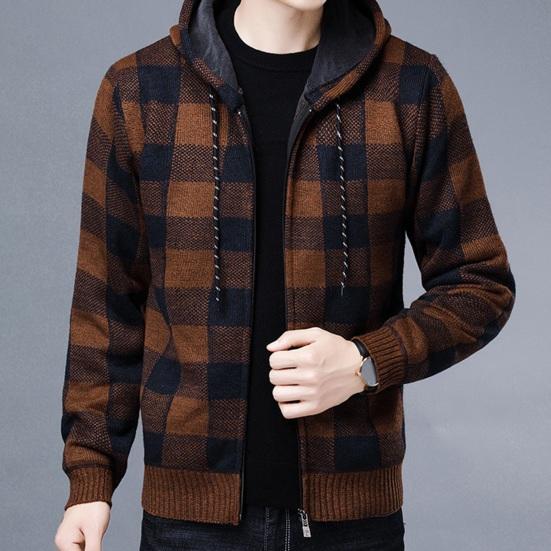 Męski Zimowy Kardigan Kontrastowy Kolor Krata Nadruk Kaptur Sznurek Średniej Długości Kurtka Pogrubiona Dzianinowa