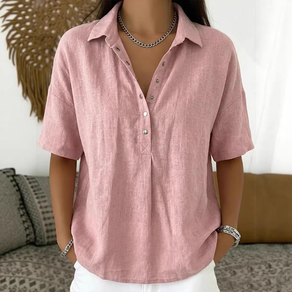 2026 new single-breasted lapel shirt for women solid color casual Polo collar short-sleeved Asian