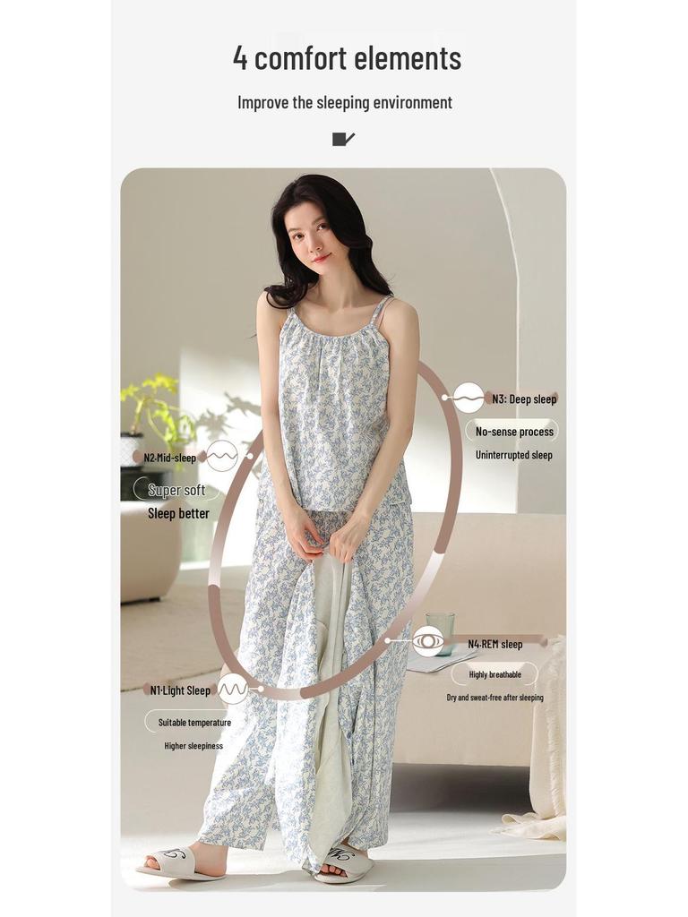 Women's Three-Piece Cotton Pajama Set: Spring Fashion, Printed, Comfortable, Breathable, with Chest Pads, Skin-Friendly.