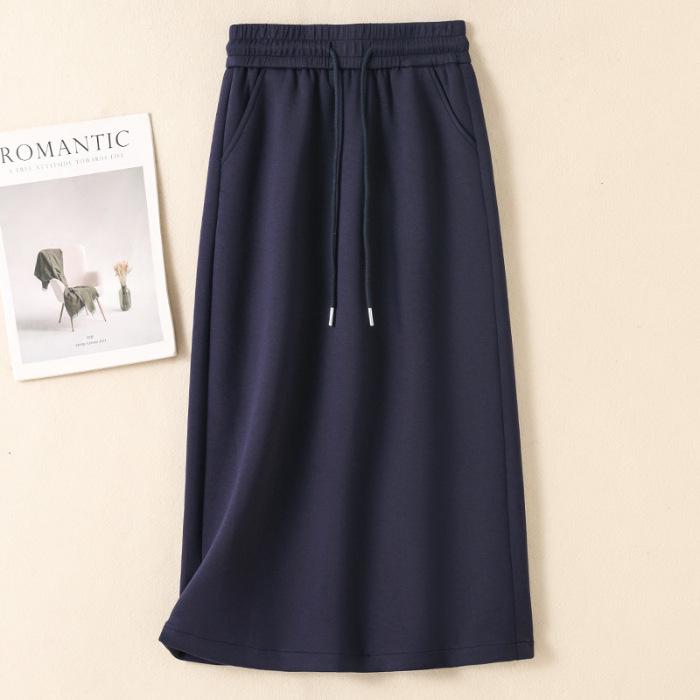 Women's Autumn/Winter Fleece-Lined or Regular Midi Skirt Sweatshirt Dress, Plus Size, Elastic Waist with Drawstring