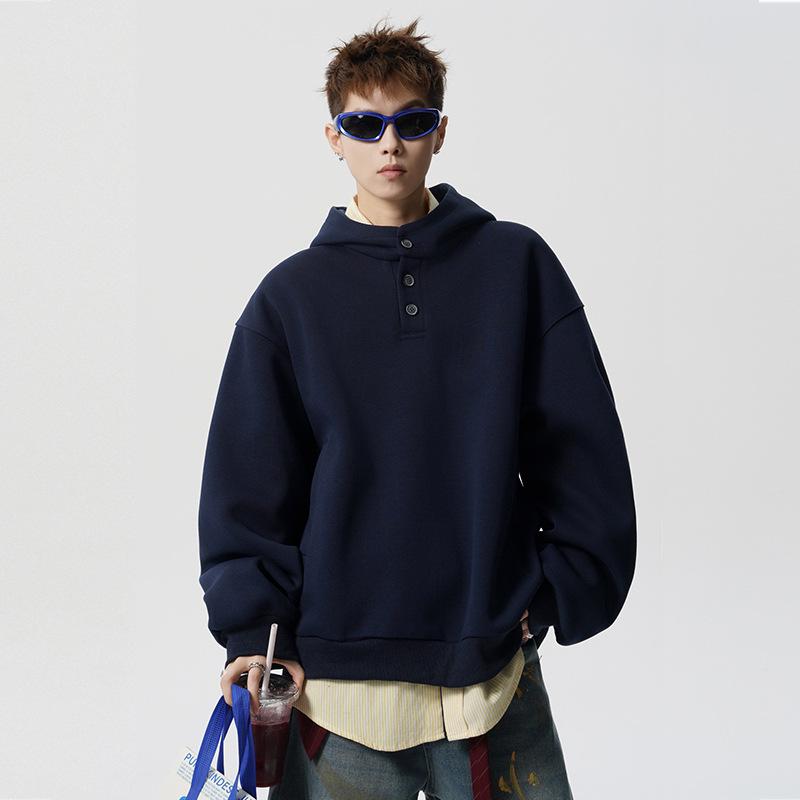 Unisex Retro Heavyweight Fleece-Lined Button-Up Hoodie: Trendy and Loose Fit