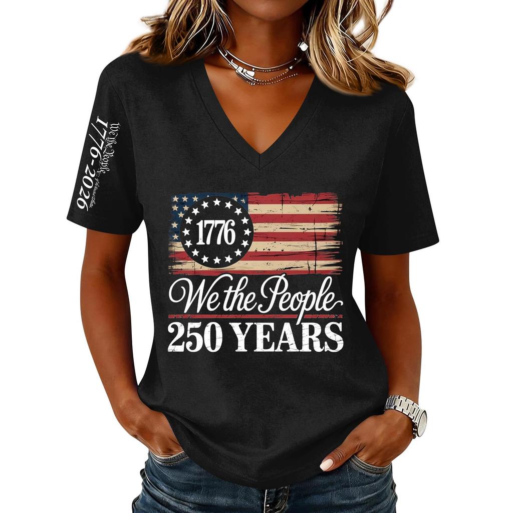 Women’s Fashion Casual Short Sleeve V Neck Pullover Top with 1776 and We the People 250 Years Graphic Print for Everyday Wear