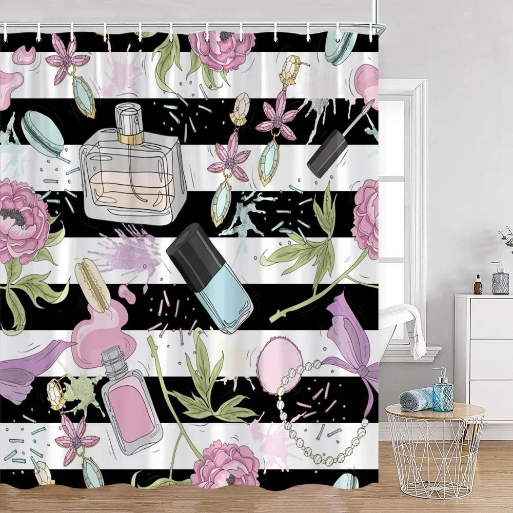 Pink Perfume Shower Curtain Cosmetic Lip Flower Panther Pattern Bathroom Decorations Shower Curtain