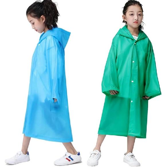 Raincoat Rain Ponchos for Kids (2 Pack), Reusable EVA Rain Coats Jackets with Hood for 6-13 Children Boys Girls Blue+green