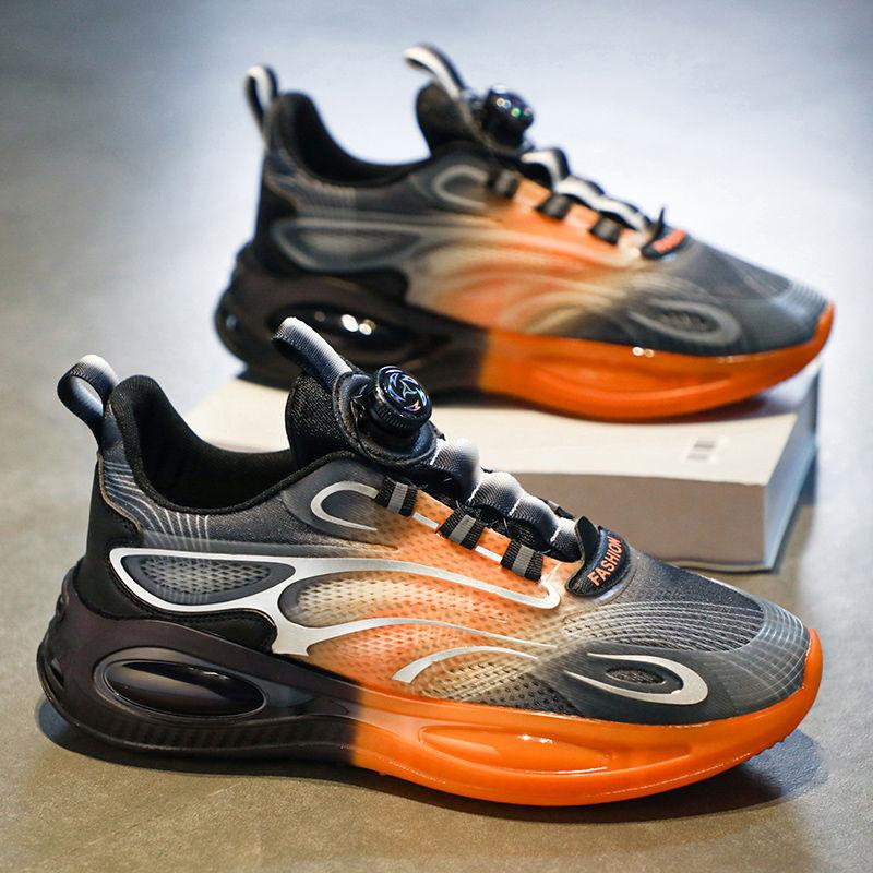 

Мужская обувь Дышащая сетка Повседневные кроссовки Без шнуровки Вращающиеся кнопки Воздушные подушки Модная обувь для бега 44 оранжевый/чёрный