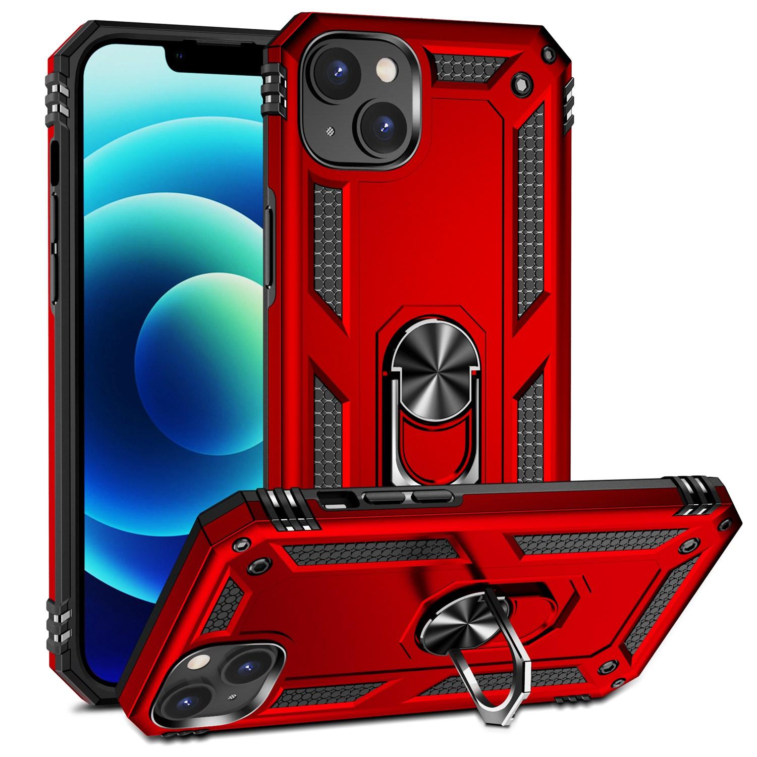 

For iPhone 15 Anti-Scratch PC+TPU Cover Kickstand Phone Case with Built-in Magnetic Holder Metal Sheet Red