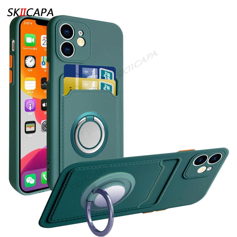Wallet Card Slot Silicone Case For Iphone 14 13 Pro Max 12 Mini 11 Pro X XS MAX 7 8 Plus Solid Color Magnetic Ring Holder Cover