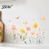 Waterproof PVC Flower Window Clings 2Pcs Watercolor Flowers Wall Sticker, Floral Decal with Butterflies, Removable Decals for Bedroom Art Decor,