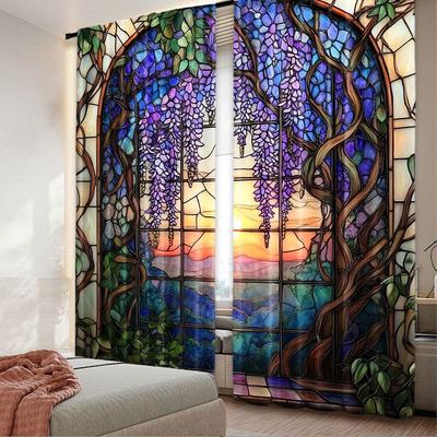 Rideaux Imprimés Fleurs de Glycine en Vitrail Vibrant Belle Décoration d'Intérieur Chambre Salle de Bain Salon Salle à Manger Lot de 2 Fabriqué Polyester Assis