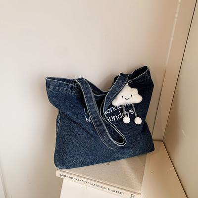 Vintage American Denim Canvas Bag Ins Large Capacity Embroidered Shoulder Bag Student Class Versatile Handbag