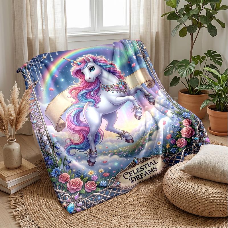 Rainbow Mane Unicorn Theme Blanket Lightweight Warm Flannel Blanket Decorative Throw Blanket for Home Decoration