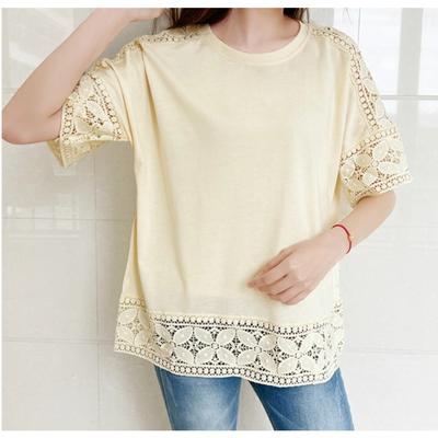 Summer Plus Size Solid Color Loose Tops Short Sleeve Round Neck T-shirt for Women Lace Patchwork T Shirts