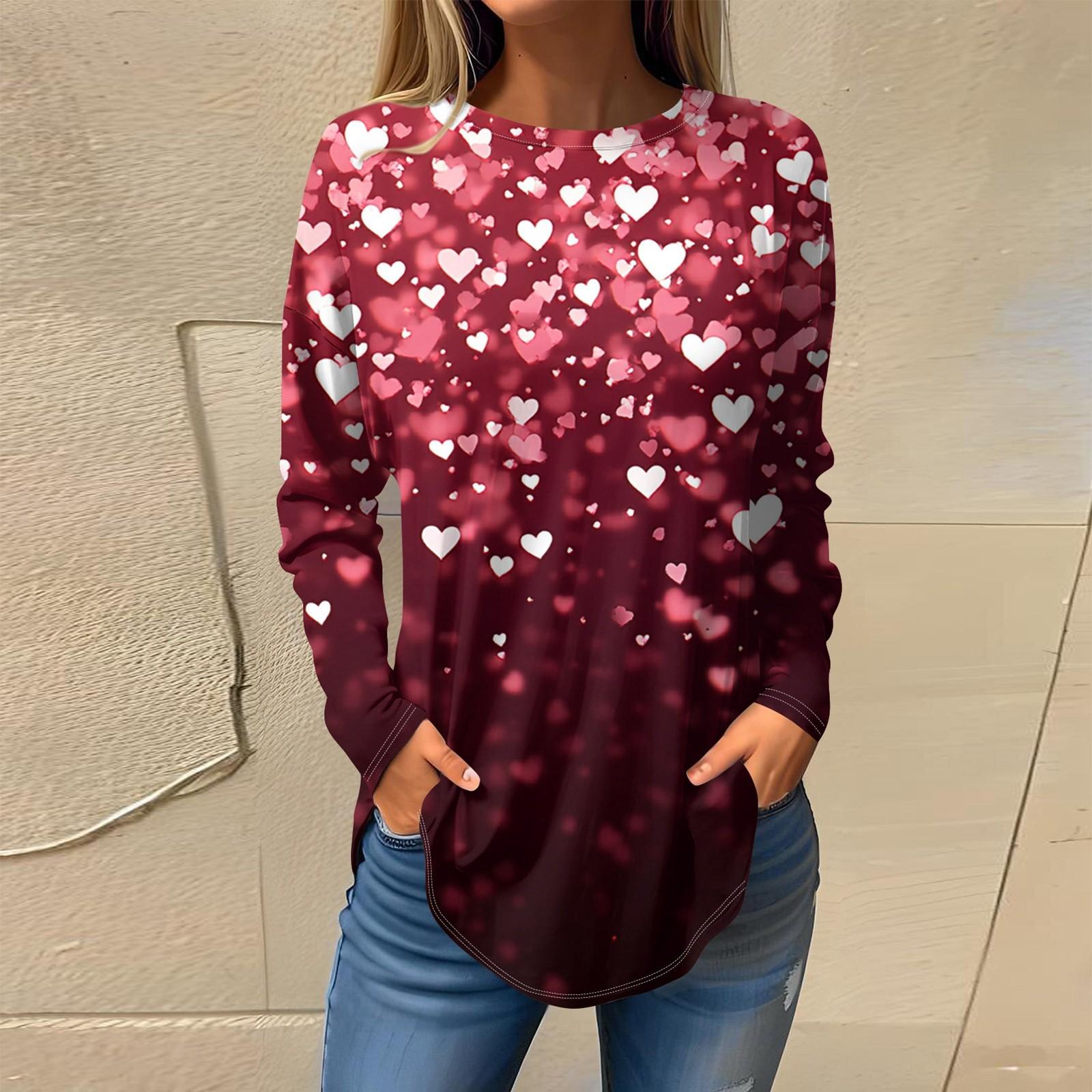 

Жіночі футболки для осені Повсякденні сорочки з довгими рукавами Світшоти Вінтажний топ з графічним принтом Пуловер День Святого Валентина M Кіновар