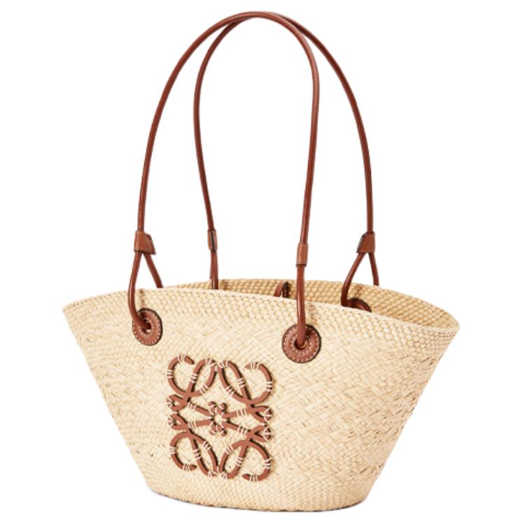 Loewe Anagram Basket Handwoven Anagram Embossed Patch Leather Tote Shopping Bag Women Tote Brown Natural A223P65X01-2435
