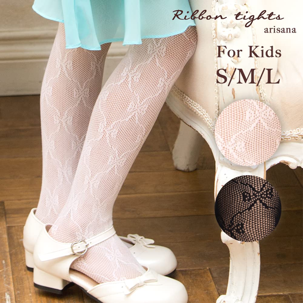 Lace Tights with Ribbon Pattern for [Arisana] Girls, White, M/135-145cm