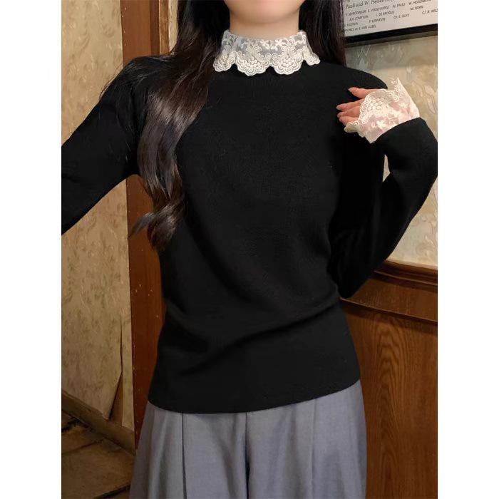 Korean Style Lace Patchwork High Neck Slim Fit Base Layer Top for Spring/Autumn 2026 S чёрный