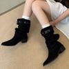 Thick Heel Pointed Head High Pleated Tube Stacking Boots Women's New Autumn and Winter Western Cowboy Medium Tube Knight Boots