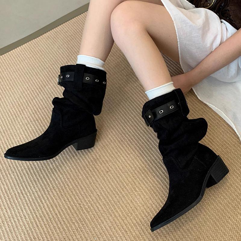 Thick Heel Pointed Head High Pleated Tube Stacking Boots Women's New Autumn and Winter Western Cowboy Medium Tube Knight Boots